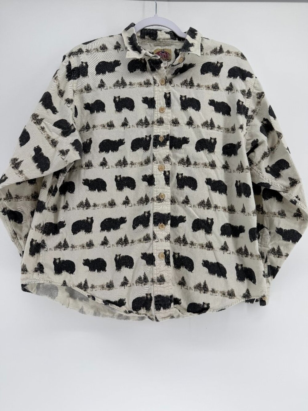 Vintage Barn Fly Black Bear & Pine Tree All-Over Print Button Down Shirt Cream